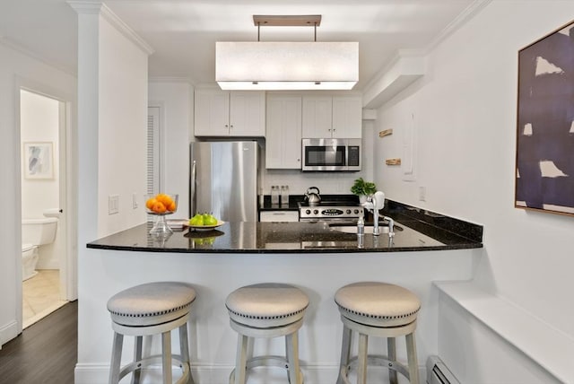 kitchen featuring a sink, a peninsula, crown molding, and stainless steel appliances