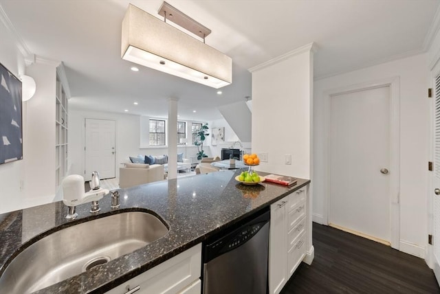 kitchen featuring a sink, dark stone counters, white cabinets, dishwasher, and dark wood-style flooring