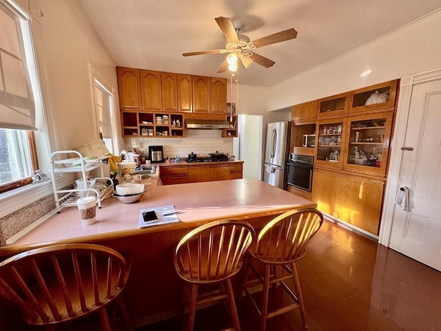 kitchen with decorative backsplash, ceiling fan, appliances with stainless steel finishes, range hood, and kitchen peninsula