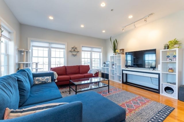 living area with recessed lighting, wood finished floors, and track lighting