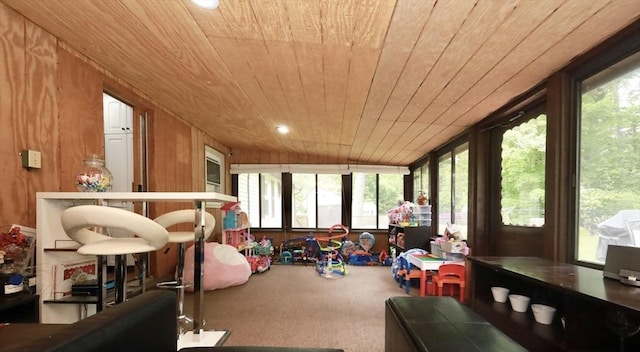 34 Pinecrest Rd, West Bridgewater, MA 02379 - sunroom / solarium with wooden ceiling, carpet floors, wood walls, and recessed lighting