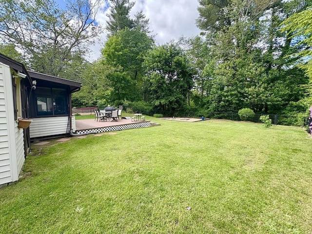 34 Pinecrest Rd, West Bridgewater, MA 02379 - view of yard featuring a deck, outdoor dining area, and view of wooded area