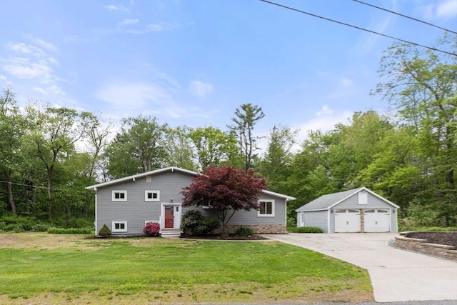 46 Blackmer, Sudbury, MA 01776 - view of front of property featuring entry steps, a garage, an outdoor structure, and a front yard