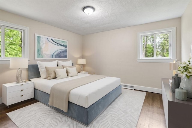 46 Blackmer, Sudbury, MA 01776 - bedroom with multiple windows, dark wood-style flooring, a baseboard radiator, a textured ceiling, and baseboards