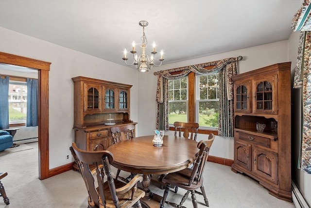 74 W Main St, Westminster, MA 01473 - dining area featuring light carpet, a chandelier, baseboard heating, and a baseboard radiator