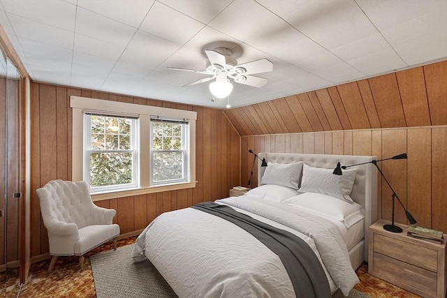 74 W Main St, Westminster, MA 01473 - bedroom featuring wooden walls, lofted ceiling, and a ceiling fan