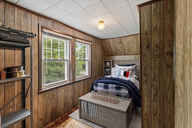 74 W Main St, Westminster, MA 01473 - bedroom featuring wood walls, carpet, and vaulted ceiling