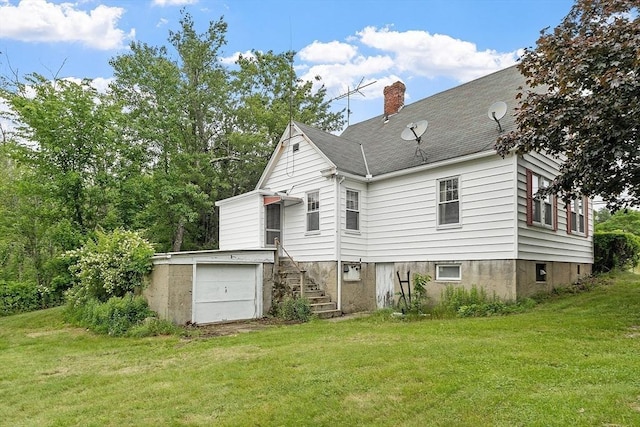 74 W Main St, Westminster, MA 01473 - rear view of property with a chimney, a lawn, a shingled roof, and stairs