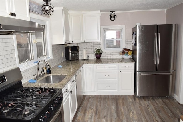 kitchen with white cabinetry, sink, stainless steel appliances, backsplash, and exhaust hood