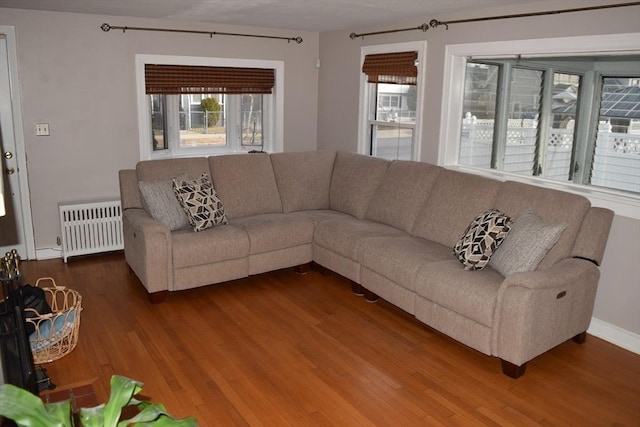 living room featuring radiator heating unit, hardwood / wood-style floors, and plenty of natural light