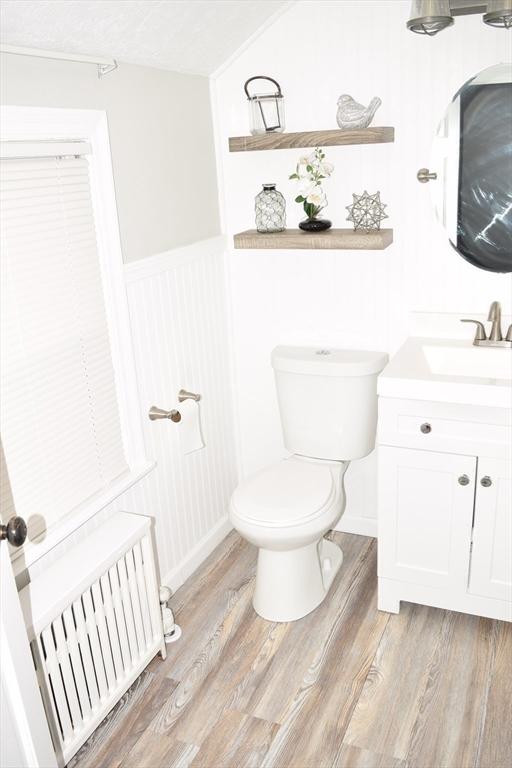 bathroom featuring vanity, hardwood / wood-style flooring, toilet, and radiator