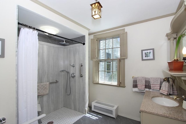 bathroom with tile patterned floors, vanity, and curtained shower