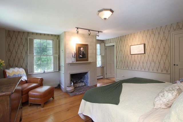 bedroom with baseboard heating, light hardwood / wood-style flooring, and rail lighting