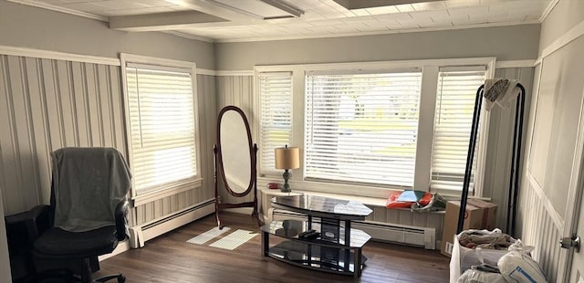 626 Nashua Rd, Dracut, MA 01826 - office area with crown molding, a baseboard radiator, and wood finished floors