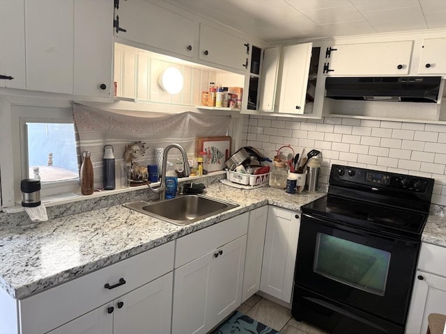 626 Nashua Rd, Dracut, MA 01826 - kitchen with open shelves, under cabinet range hood, tasteful backsplash, a sink, and black / electric stove