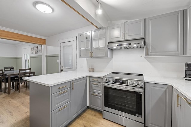 486 Franklin St, Reading, MA 01867 - kitchen with gray cabinetry, stainless steel range with electric stovetop, under cabinet range hood, a peninsula, and beam ceiling
