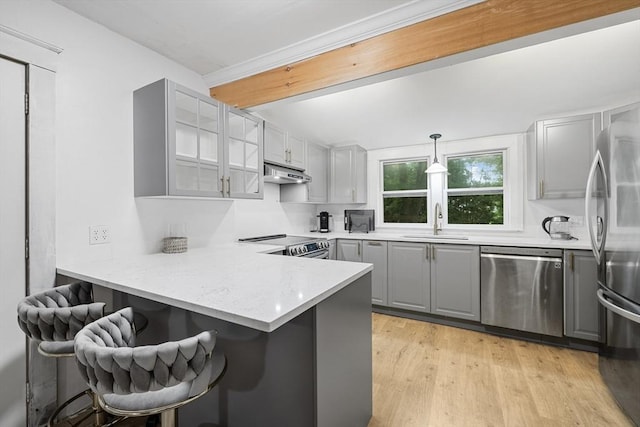 486 Franklin St, Reading, MA 01867 - kitchen with stainless steel appliances, gray cabinets, a peninsula, under cabinet range hood, and a breakfast bar area