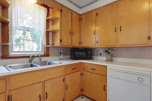 kitchen with decorative backsplash, white dishwasher, a sink, and open shelves