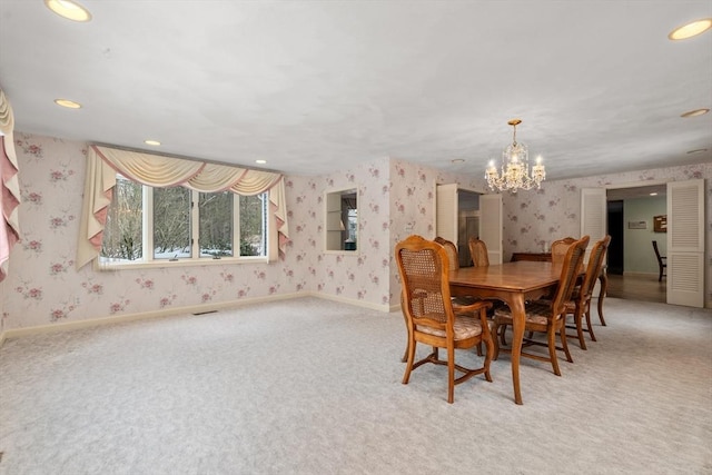 12 Checkerberry Cir, Sudbury, MA 01776 - dining area with wallpapered walls, light carpet, a chandelier, and recessed lighting