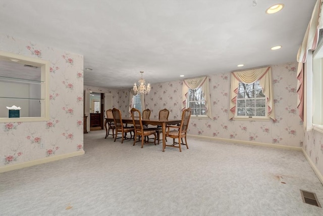 12 Checkerberry Cir, Sudbury, MA 01776 - carpeted dining area featuring wallpapered walls, a chandelier, and recessed lighting