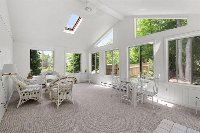 5 Hansen Ave, Burlington, MA 01803 - sunroom / solarium featuring a skylight, beamed ceiling, high vaulted ceiling, carpet floors, and tile patterned floors