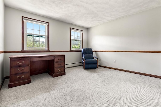 5 Hansen Ave, Burlington, MA 01803 - unfurnished office with light carpet, a baseboard radiator, a textured ceiling, and baseboards