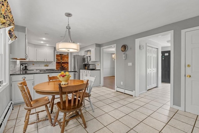 5 Hansen Ave, Burlington, MA 01803 - dining space featuring a baseboard heating unit, light tile patterned floors, baseboard heating, baseboards, and recessed lighting