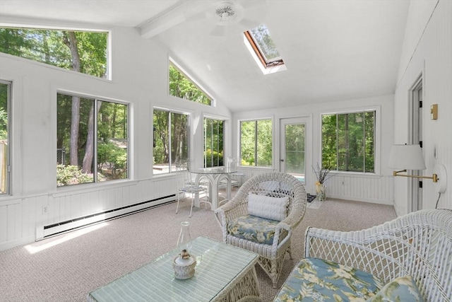 5 Hansen Ave, Burlington, MA 01803 - sunroom with baseboard heating, carpet floors, a skylight, high vaulted ceiling, and beam ceiling