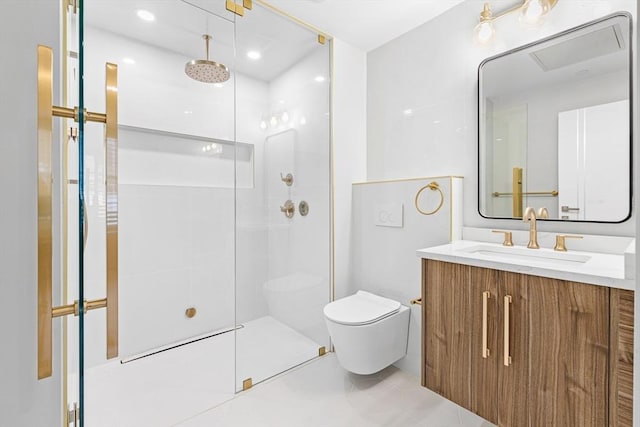 bathroom with tile patterned floors, vanity, an enclosed shower, and toilet