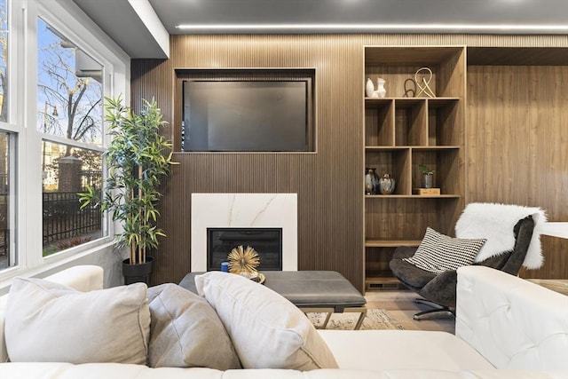 living room with wood walls, hardwood / wood-style floors, and a premium fireplace