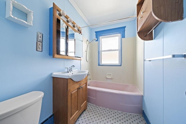 full bath featuring vanity, tile patterned floors, toilet, crown molding, and shower / washtub combination