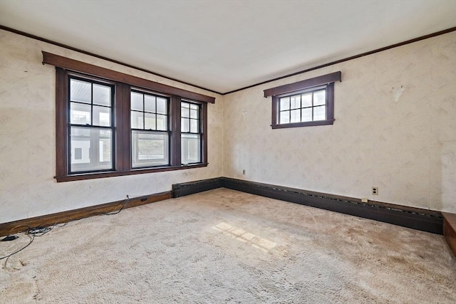 carpeted empty room with crown molding and baseboards