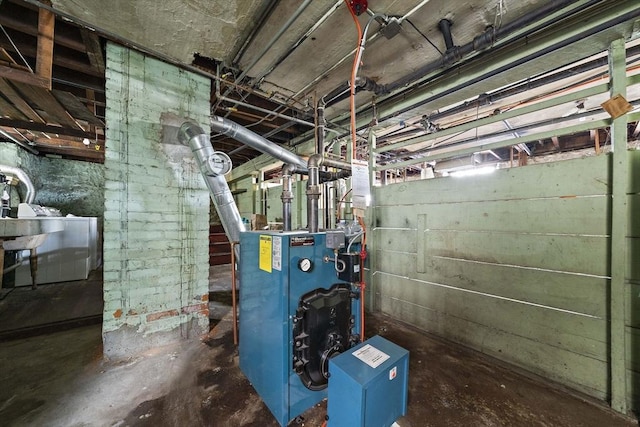 unfinished basement featuring a heating unit