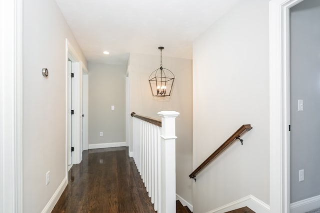 corridor with dark hardwood / wood-style flooring and an inviting chandelier