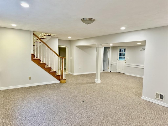 9 Brooks Rd, Sudbury, MA 01776 - finished below grade area with stairs, carpet, visible vents, and recessed lighting