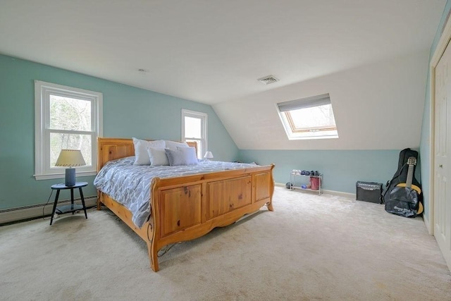 bedroom with lofted ceiling, baseboard heating, light carpet, a skylight, and baseboards