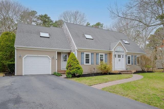 cape cod house with a front yard, driveway, and roof with shingles