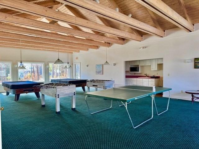 playroom with pool table, a sink, wooden ceiling, carpet flooring, and baseboards