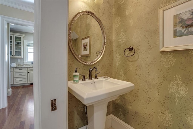 bathroom featuring hardwood / wood-style flooring and ornamental molding