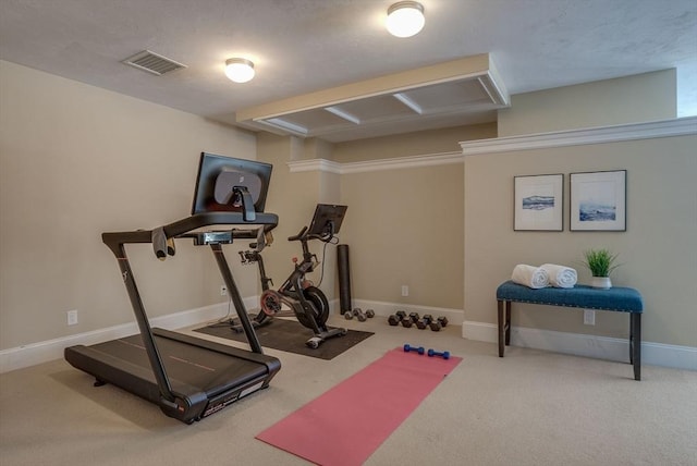 exercise room featuring carpet flooring