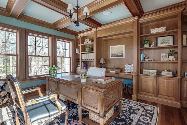 office area with coffered ceiling, dark hardwood / wood-style floors, and beamed ceiling