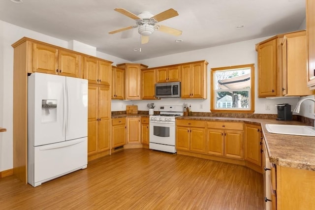 kitchen featuring ceiling fan, sink, white appliances, and light wood-type flooring