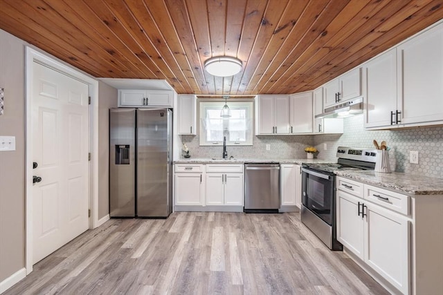 kitchen with tasteful backsplash, white cabinets, light stone counters, stainless steel appliances, and wooden ceiling