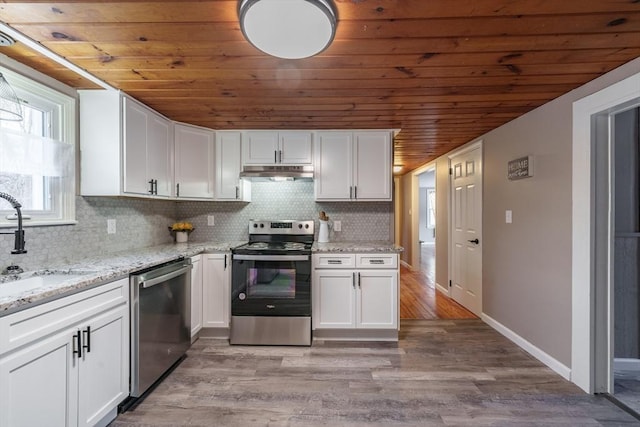 kitchen featuring wood ceiling, white cabinets, and appliances with stainless steel finishes