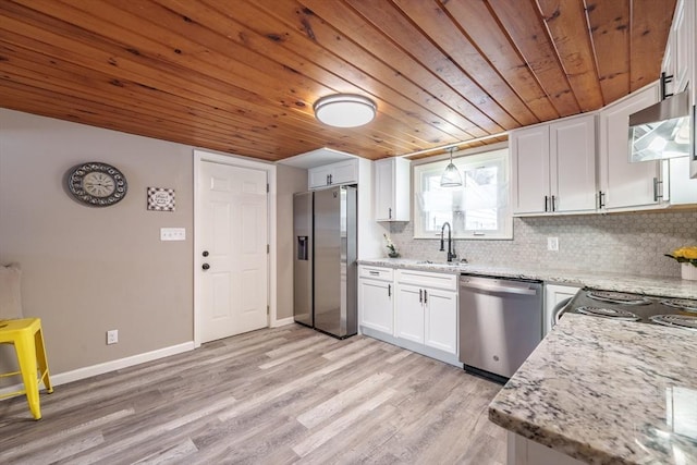 kitchen with wooden ceiling, appliances with stainless steel finishes, white cabinets, light stone countertops, and backsplash