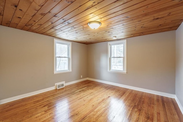 unfurnished room with wooden ceiling and light hardwood / wood-style flooring