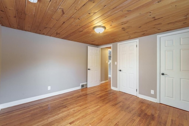 unfurnished bedroom with wood ceiling and light hardwood / wood-style flooring