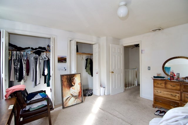 carpeted bedroom featuring multiple closets