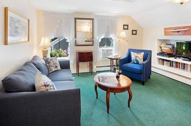 living room with carpet flooring, cooling unit, a baseboard radiator, and lofted ceiling