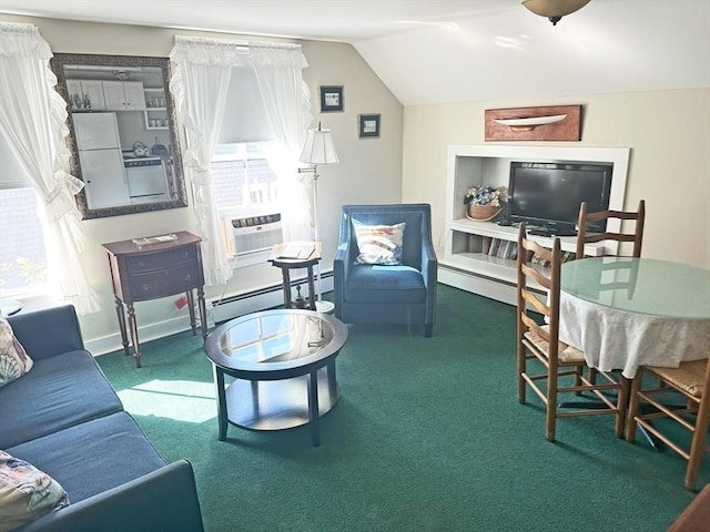 living room featuring dark colored carpet, cooling unit, lofted ceiling, and a baseboard heating unit